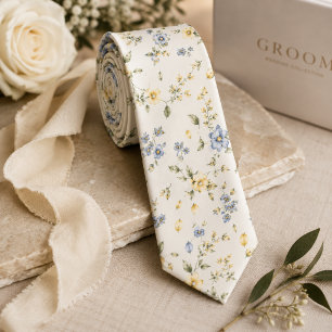 Butter Yellow Blue Watercolor Garden Floral Tie