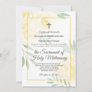 Butter Yellow Boho Chic Roses Catholic Wedding Invitation