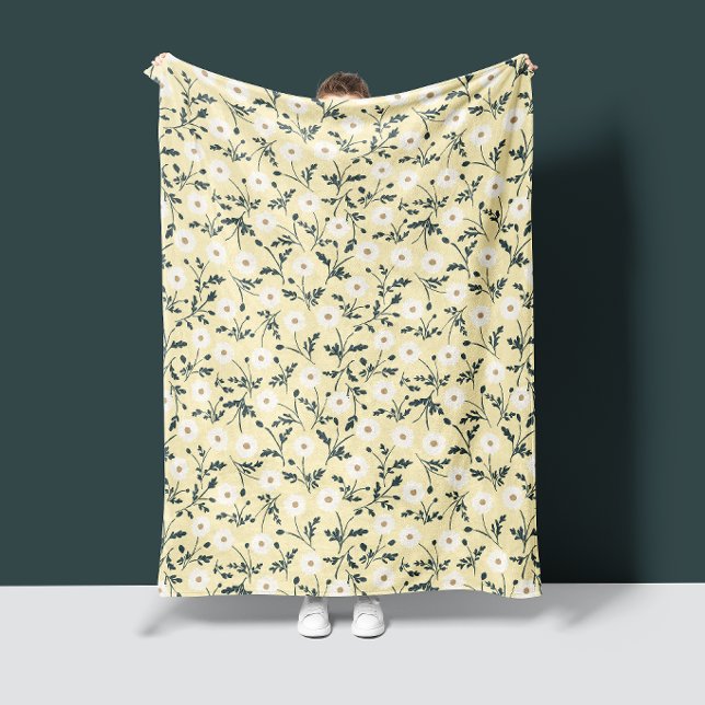 Butter Yellow Cream Modern Farmhouse Daisy Pattern Fleece Blanket (Creator Uploaded)