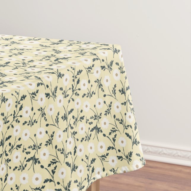 Butter Yellow Cream Modern Farmhouse Daisy Pattern Tablecloth (In Situ)