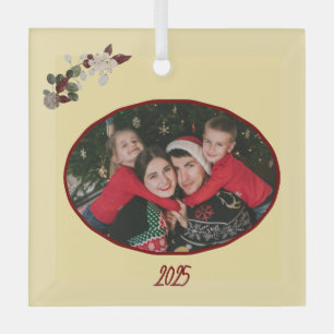 Butter Yellow & Deep Red Floral Photo Christmas Glass Tree Decoration