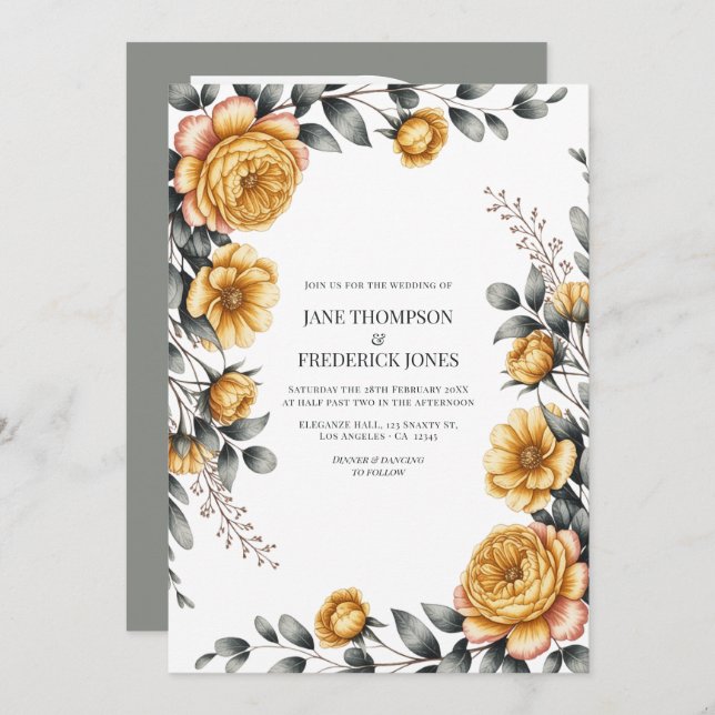 Butter Yellow & Dove Gray Botanical Floral Wedding Invitation (Front/Back)