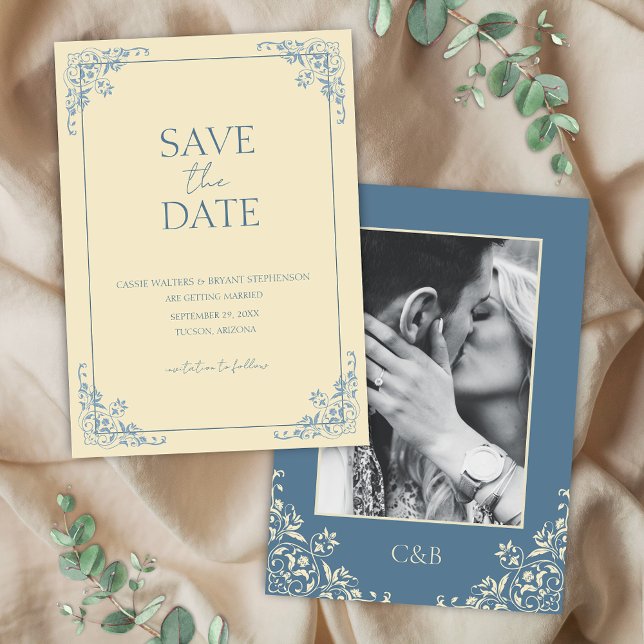 Butter Yellow Dusty Blue Minimal Save the Date Invitation (Elegant butter yellow and dusty blue photo save the date cards for romantic bridgerton inspired card)