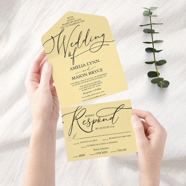 Butter Yellow Elegant Calligraphy Script Wedding All In One Invitation (Butter Yellow Elegant Script Calligraphy all in one wedding invitation )