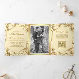 Butter Yellow Flourish Swirl Photo QR Code Wedding Tri-Fold Invitation