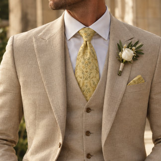 Butter Yellow Gold Rose Vine Floral Damask Tie