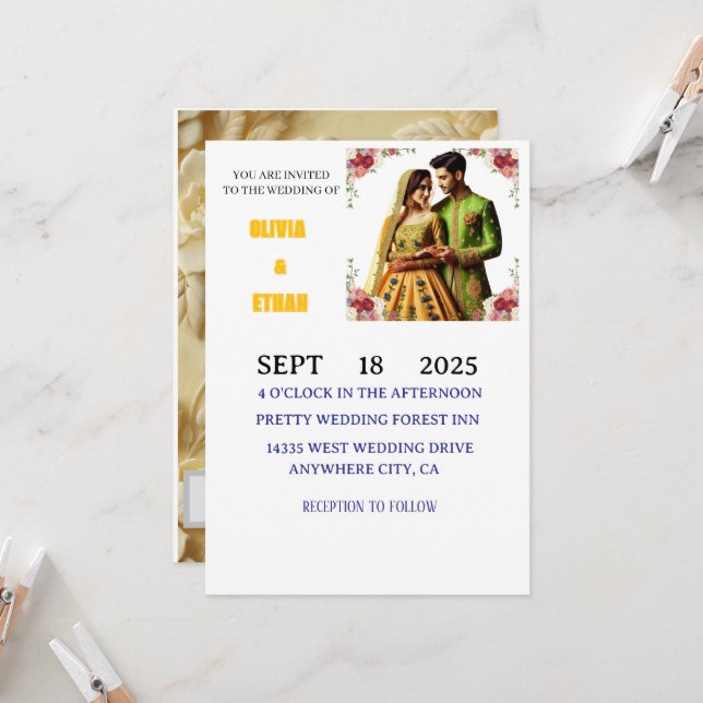 Butter yellow & green Elegant floral  Invitation (Front/Back In Situ)