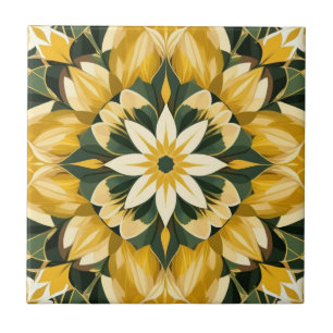 Butter Yellow, Green Floral Ceramic Tile