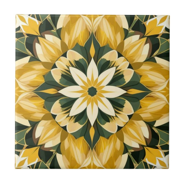 Butter Yellow, Green Floral Ceramic Tile (Front)