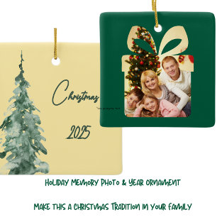 Butter yellow & Green Watercolor Christmas Tree Ceramic Ornament