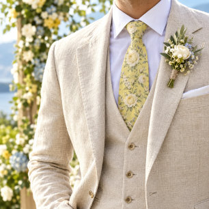 Butter Yellow Ivory Estate Rose Botanical Pattern Tie