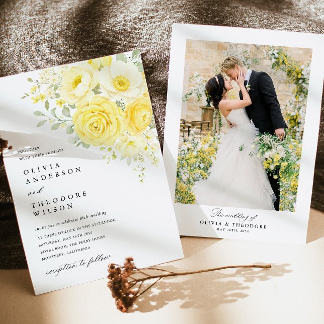 Butter Yellow Ivory Floral Photo Wedding Invitation (butter yellow photo back wedding invitation ivory floral yellow rose wedding invitation stationery)