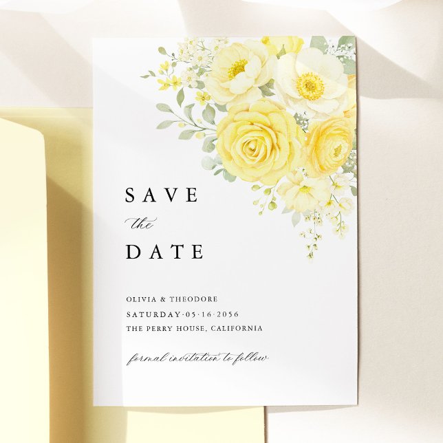 Butter Yellow Ivory Floral Wedding Save The Date (butter yellow ivory floral save the date, yellow rose save the date card elegant wedding stationery)
