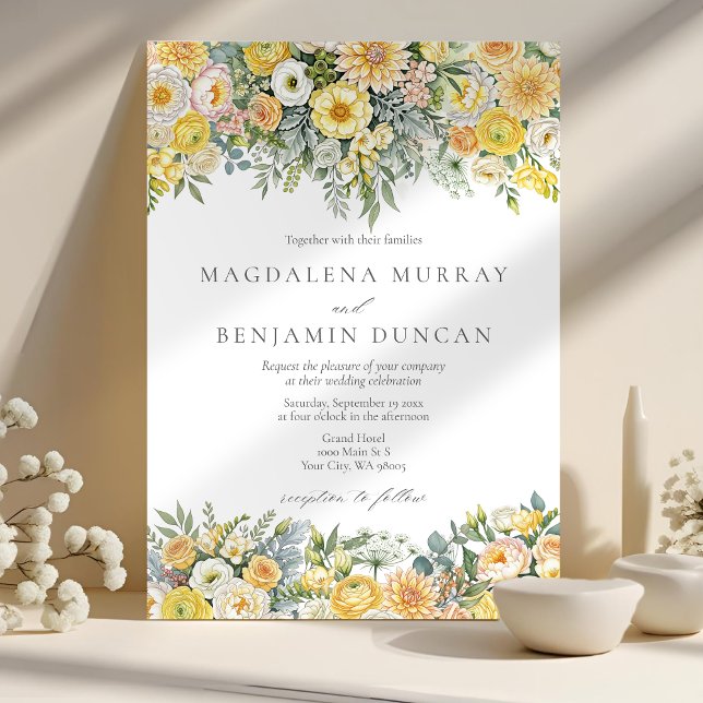 Butter Yellow Peach Sage Green Floral Wedding Invitation (Creator Uploaded)