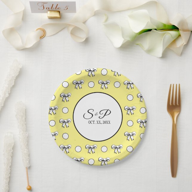 Butter Yellow Polka Dot White Bow Personalised Paper Plate (Wedding)