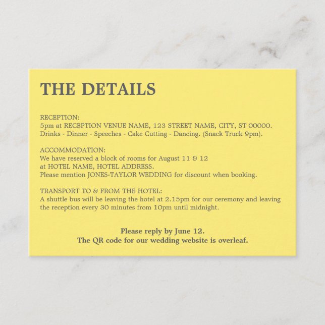 Butter Yellow QR Code Wedding Details Card (Front)