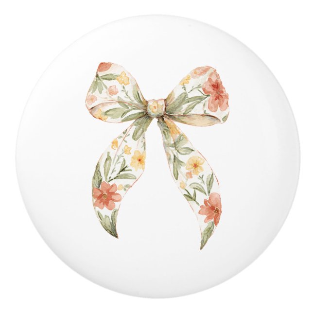 Butter Yellow Red Floral Bow Ceramic Knob (Front)