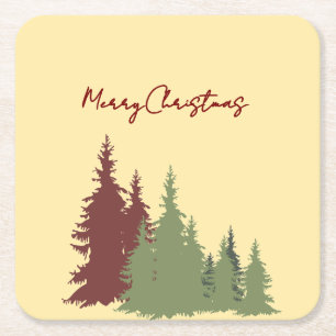 Butter Yellow & Red & Green Pine Trees Christmas Square Paper Coaster