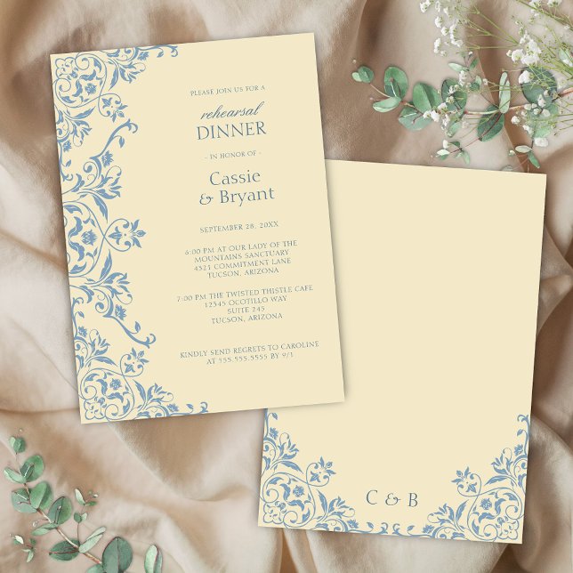Butter Yellow Rehearsal Dinner Invitation (elegant old money butter yellow and dusty blue wedding rehearsal dinner invitation with chintz)