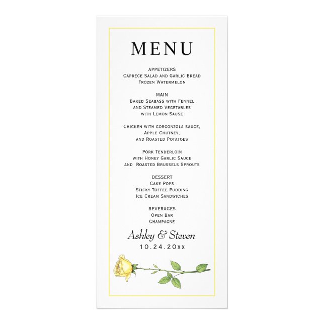 Butter yellow rose flower budget wedding menu card (Front)