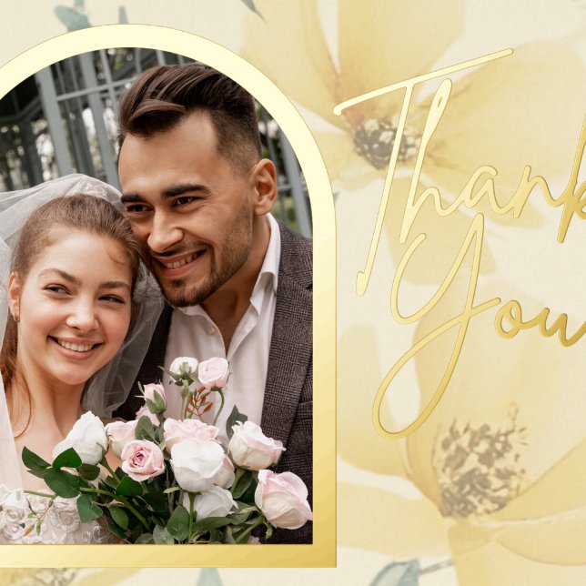 Butter Yellow Soft Blue Floral Wedding Thank You Foil Invitation Postcard (Butter Yellow & Pale Blue Floral Wedding Gold Foil Thank you card)