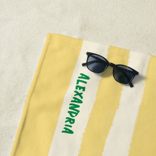 Butter Yellow Striped Chic Personalised Summer Beach Towel (In Situ)