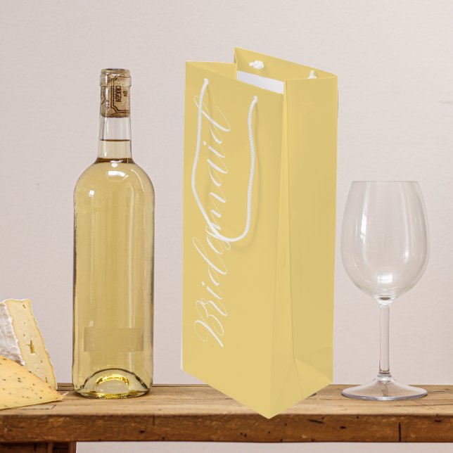 Butter Yellow Stylised Script Wedding Bridesmaid Wine Gift Bag (In Situ)