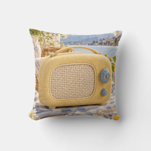 Butter Yellow Vintage Radio Lakeside Picnic Cushion