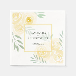 Butter Yellow Watercolor Roses Elegant Wedding Napkin