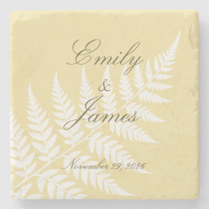 Butter Yellow White Fern Elegant Couple Names Stone Coaster