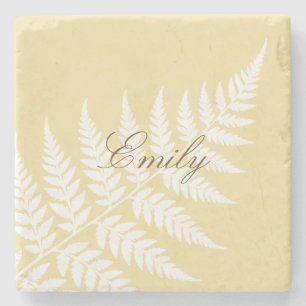 Butter Yellow White Fern Elegant Script Name Stone Coaster