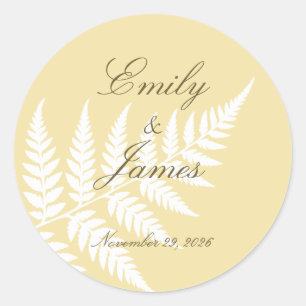 Butter Yellow White Fern Elegant Wedding Classic Round Sticker