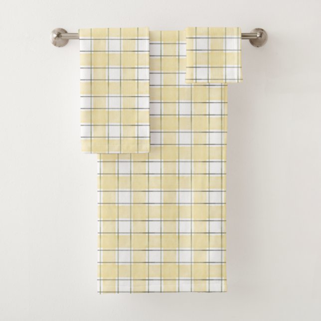 Butter Yellow White Plaid Stripes Bridal Shower Bath Towel Set (Insitu)