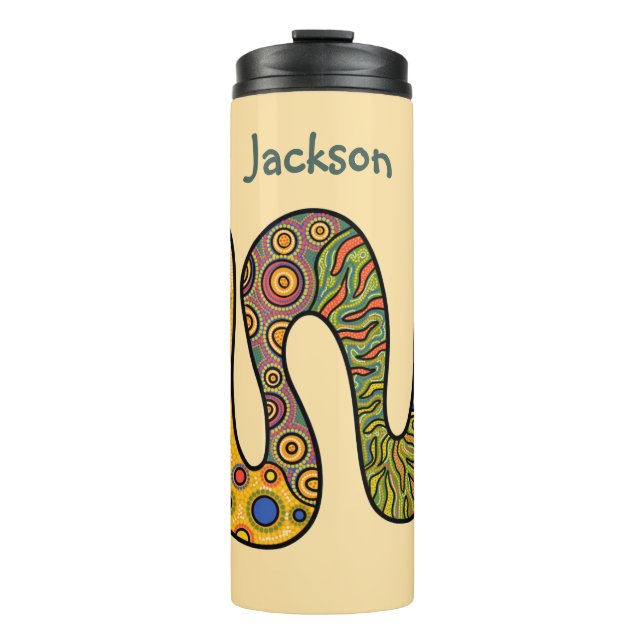 Butter Yellow with Multi-coloured Patterned Snake Thermal Tumbler (Front)