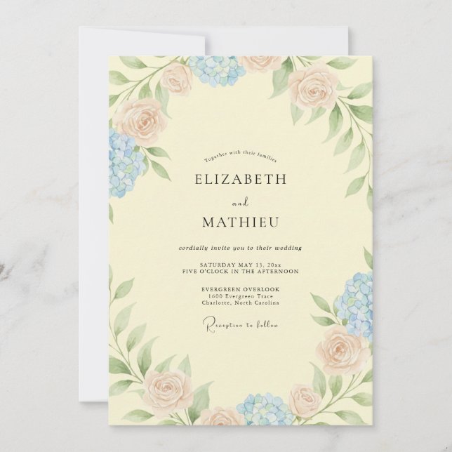 Buttercream Hydrangea Foliage Eucalyptus Wedding Invitation (Front)