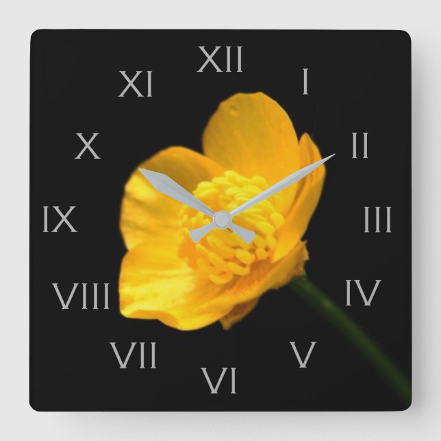 Buttercup Flower Grey Roman Numbers wca Square Wall Clock (Front)