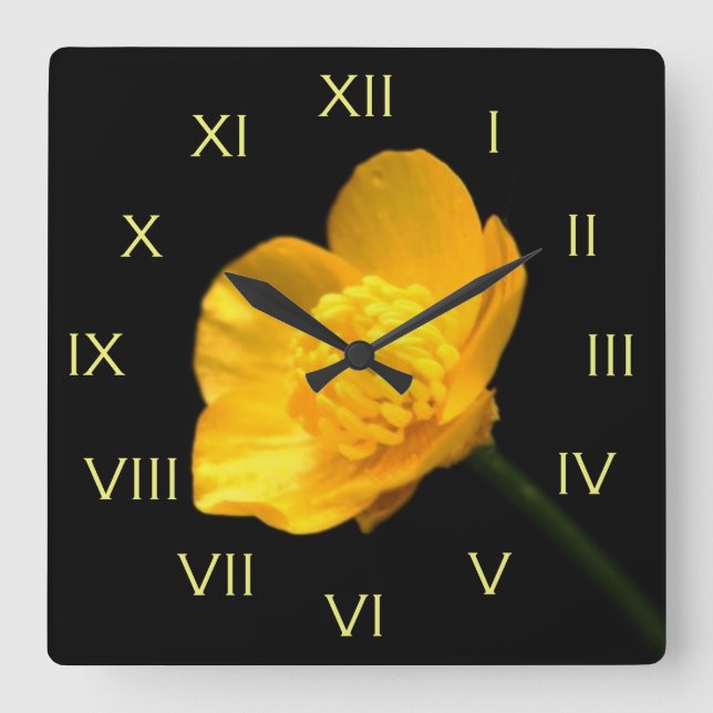 Buttercup Flower Yellow Roman Numbers wca Square Wall Clock (Front)