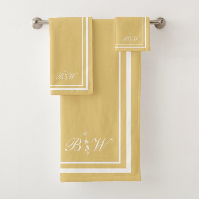 Buttercup Yellow Border Script Girl Monogram Bath Towel Set (Insitu)