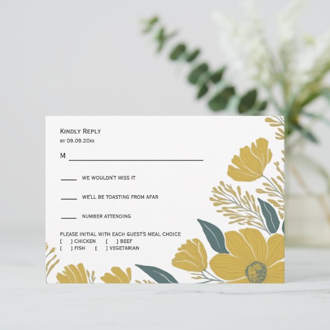 Buttercup Yellow Floral Modern Wedding Response, RSVP Card (Standing Front)