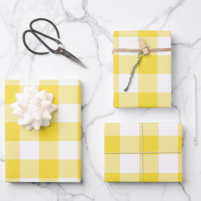 Buttercup Yellow Gingham Check Plaid Wrapping Paper Sheet (Front)