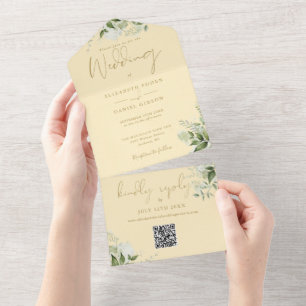 Buttercup Yellow Greenery QR Code Monogram Wedding All In One Invitation