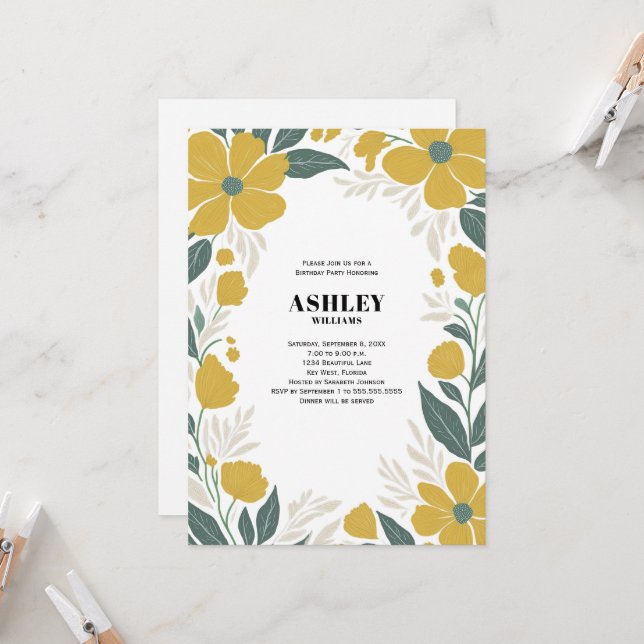 Buttercup Yellow Modern Floral Birthday Party Invitation (Front/Back In Situ)