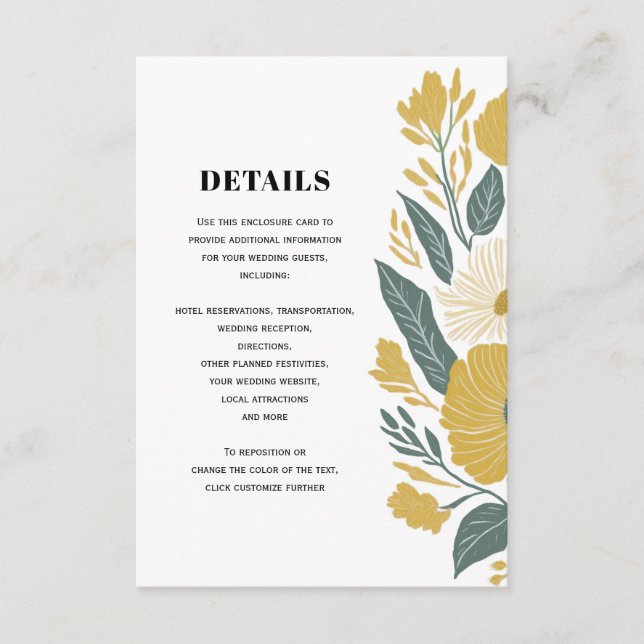 Buttercup Yellow Modern Floral Wedding Details Enclosure Card (Front)