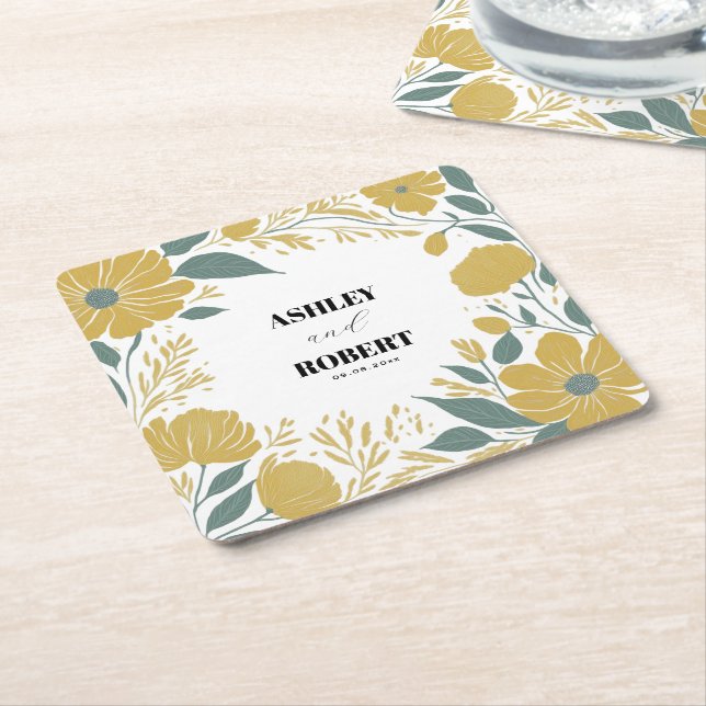 Buttercup Yellow Modern Floral Wedding Square Paper Coaster (Angled)
