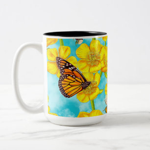 Buttercups, Bees and Butterflies on Clouds Two-Tone Coffee Mug