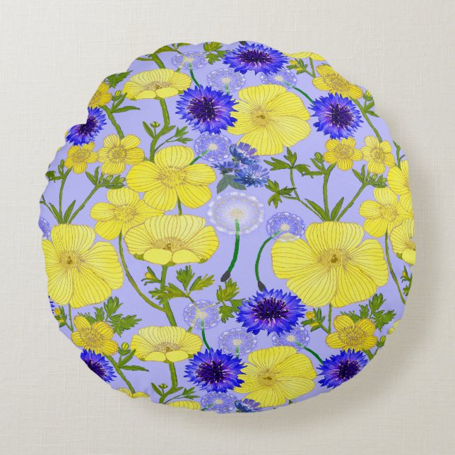 Buttercups, Dandelion Puffballs Blue Cornflowers Round Cushion (Front)