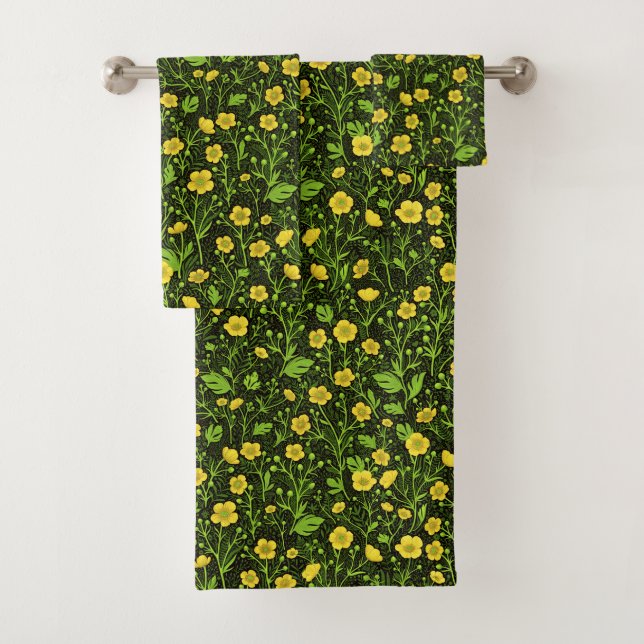 Buttercups on black bath towel set (Insitu)