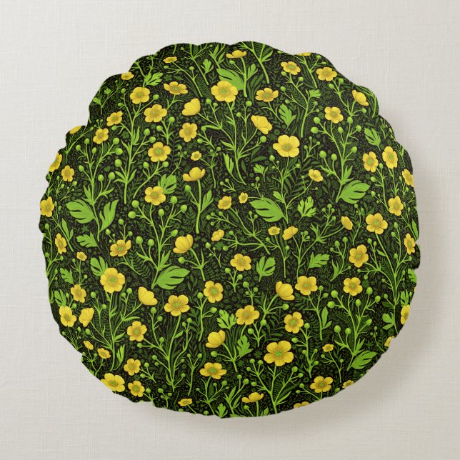 Buttercups on black round cushion (Front)