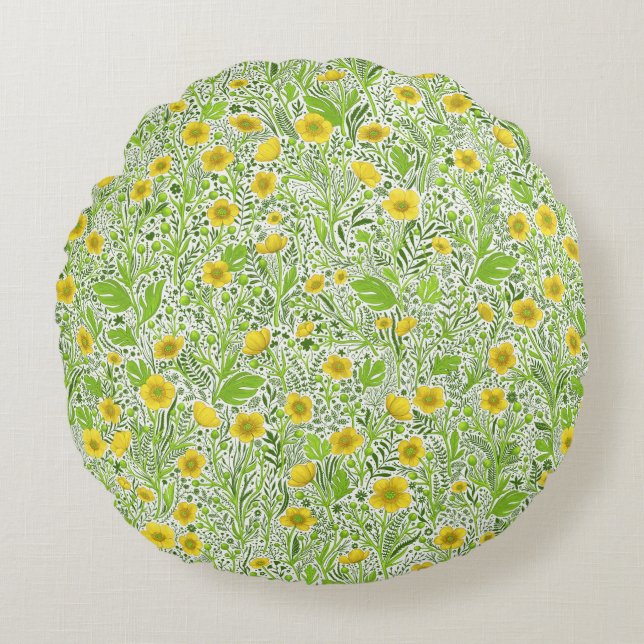 Buttercups on white round cushion (Front)