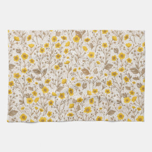 Buttercups, yellow and brown tea towel